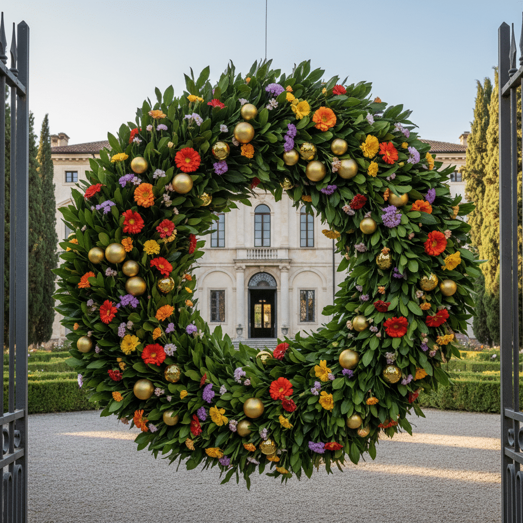 Una grande ghirlanda decorata con fiori colorati e sfere dorate è sospesa davanti all'ingresso di una villa storica.