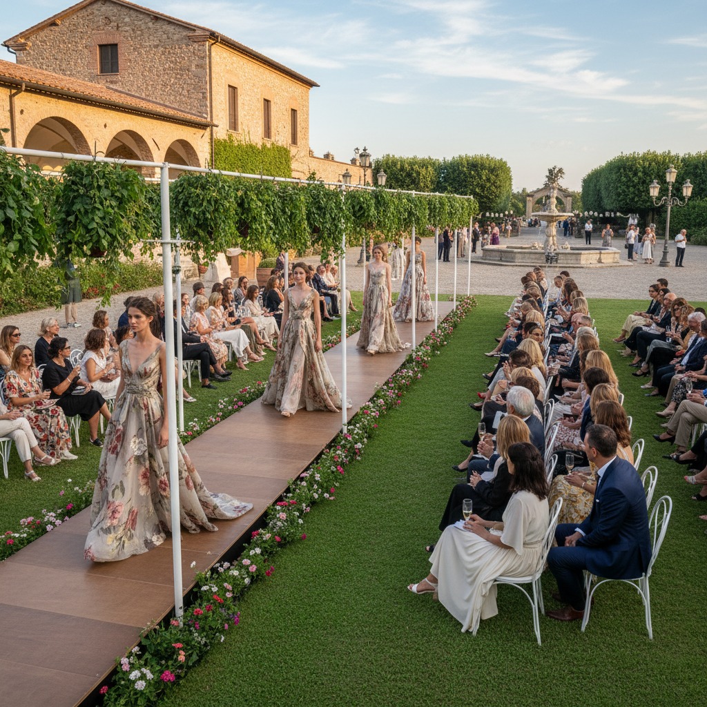 foto di una sfilata con una passerella in un giardino con il piazzale di villafontana eventi